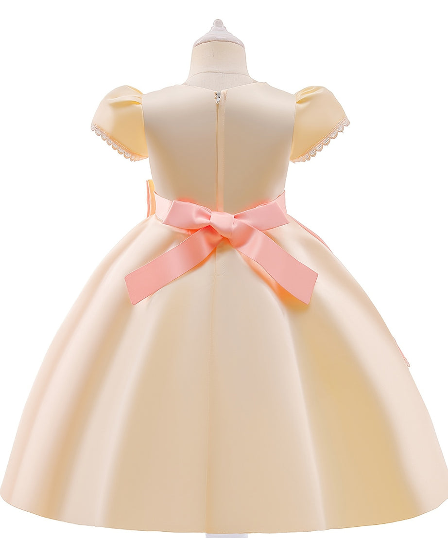 Girls Princess Dress Short Sleeve Embroidered Flower Bow Lace Dress Performance Dress Wedding Flower Girls For Evening Birthday Party Kids Clothes