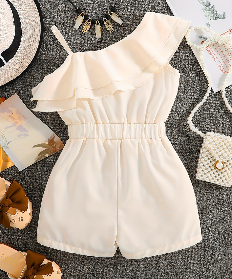 ' White Sleeveless A-Line Romper Jumpsuit - Summer Short Dress with Ruffle Trim &, Casual Playwear & Party Outfit, Easy-Care Hand Washable Short Sleeve Dress &, Perfect for Outdoor