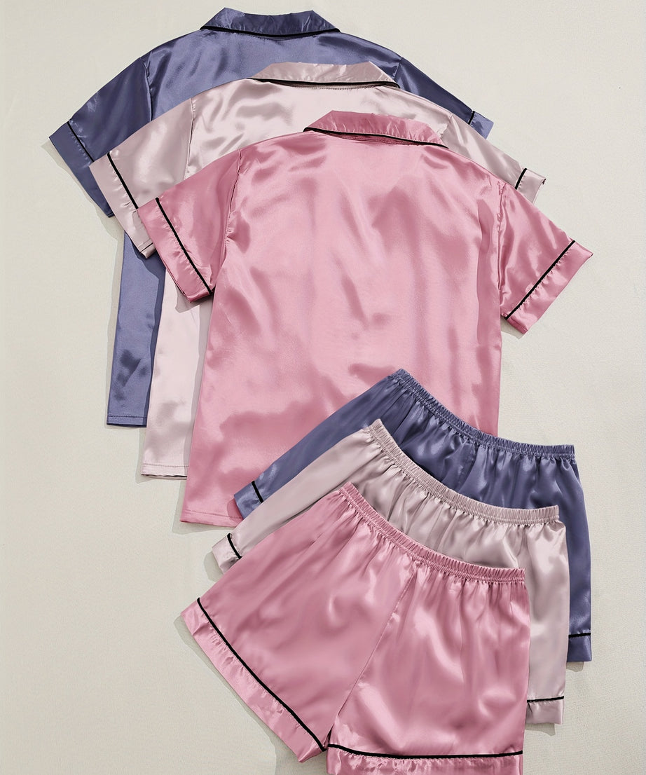 3 Sets Satin Pajama Set, Short Sleeve Lapel Top & Elastic Waistband Shorts, Women's Sleepwear & Loungewear