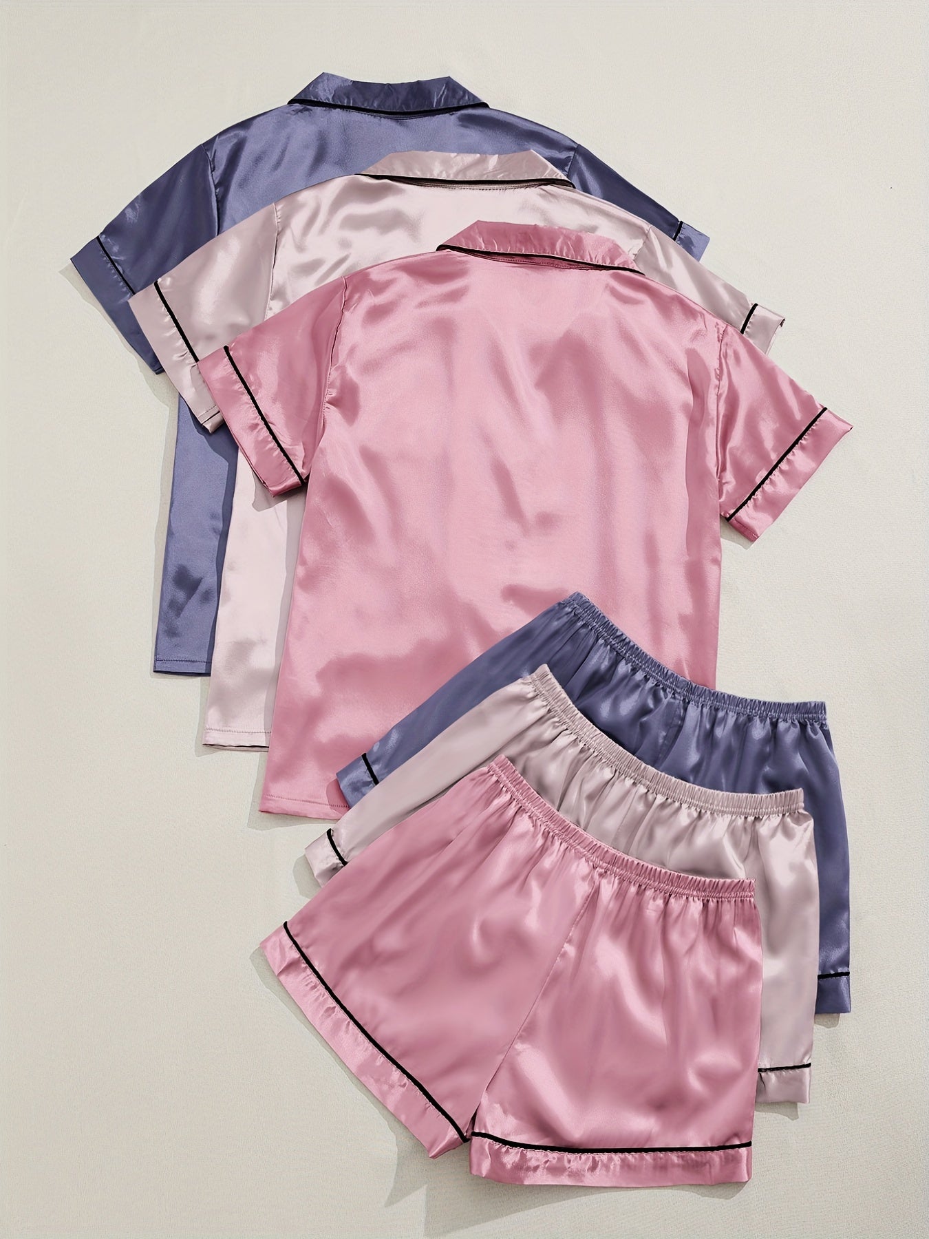3 Sets Satin Pajama Set, Short Sleeve Lapel Top & Elastic Waistband Shorts, Women's Sleepwear & Loungewear