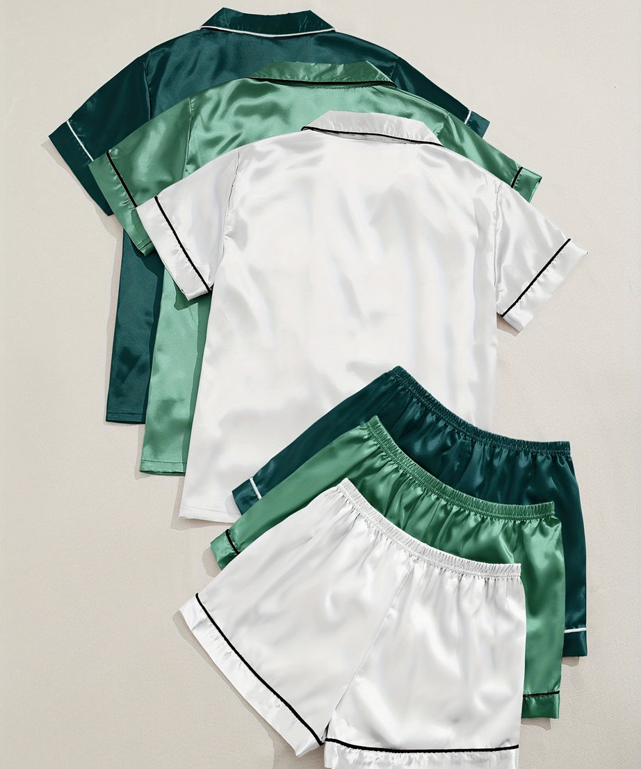 3 Sets Satin Pajama Set, Short Sleeve Lapel Top & Elastic Waistband Shorts, Women's Sleepwear & Loungewear