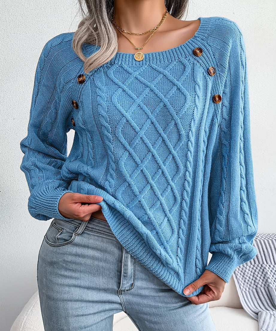 [Texture Lantern Sleeve Sweater] Round Neck Texture Lantern Sleeve Women's Sweater - Button Sweater