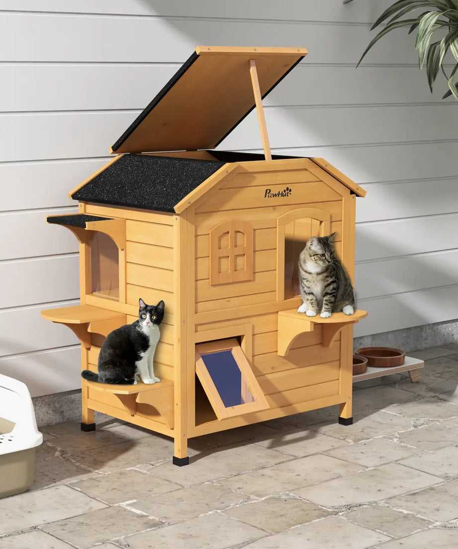 Wooden Cat House Cat Cave Pet Shelter Condos Outdoor Natural Wood Finish