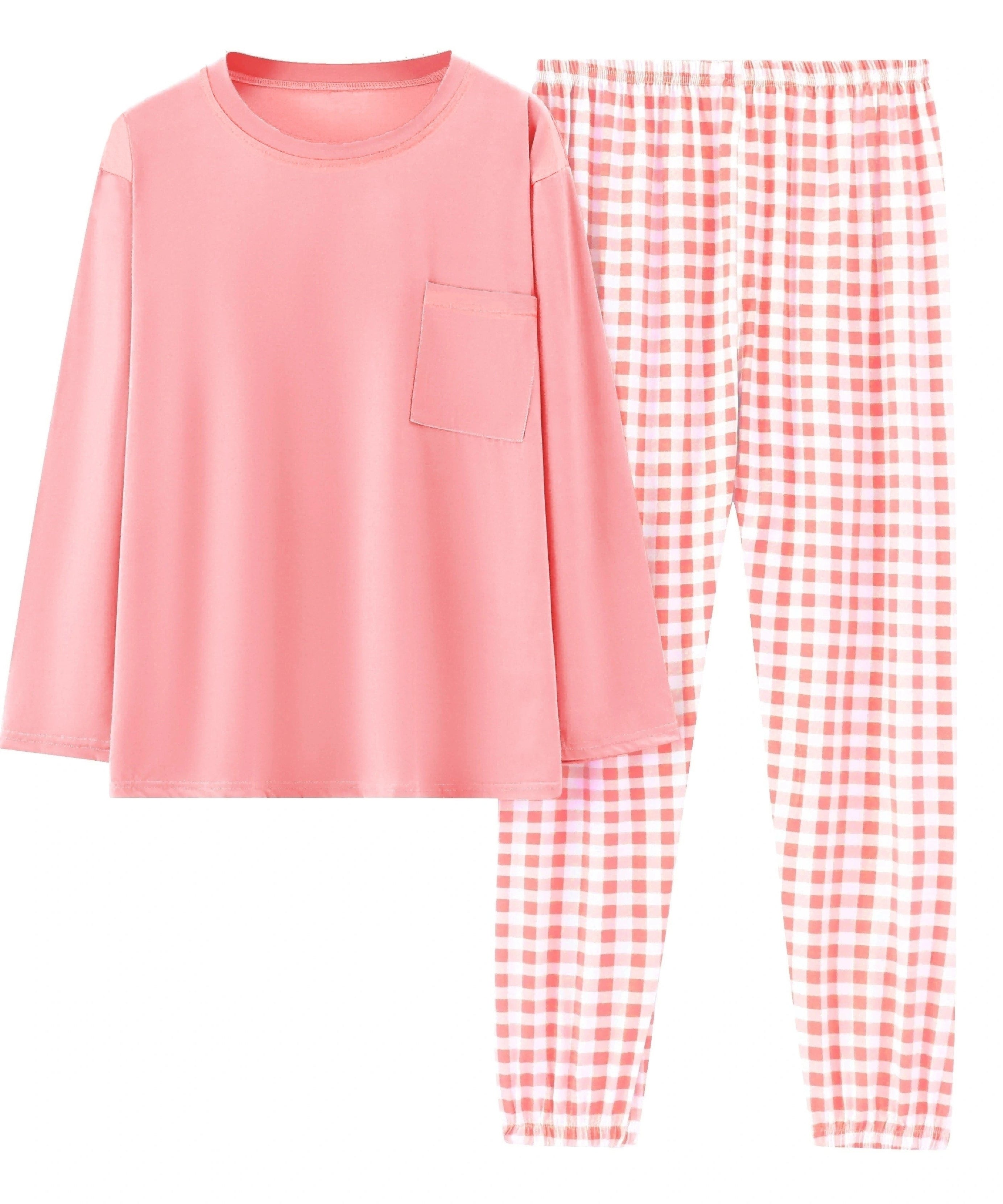 Women'S Plus Size Pink Plaid Pajama Set - Casual Long Sleeve and Pants Loungewear with Pockets, Stretchy Polyester Fabric, Perfect for Spring & Fall, Plus Size Loungewear | Checkered Pattern | Polyester Fabric, Loungewear Paj