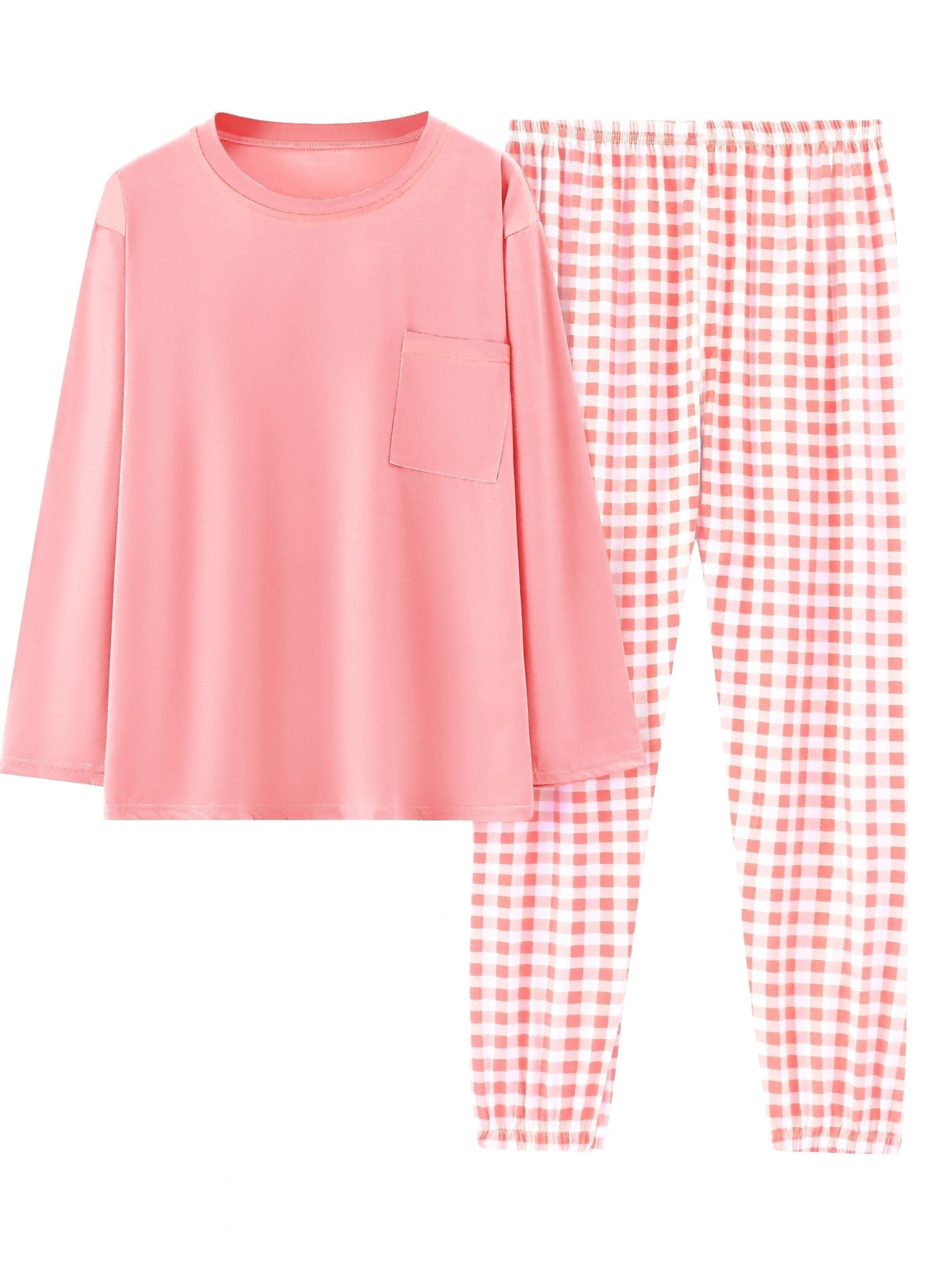 Women'S Plus Size Pink Plaid Pajama Set - Casual Long Sleeve and Pants Loungewear with Pockets, Stretchy Polyester Fabric, Perfect for Spring & Fall, Plus Size Loungewear | Checkered Pattern | Polyester Fabric, Loungewear Paj