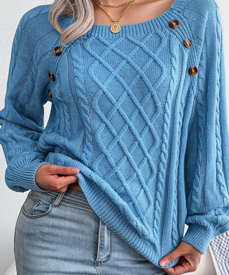 [Texture Lantern Sleeve Sweater] Round Neck Texture Lantern Sleeve Women's Sweater - Button Sweater