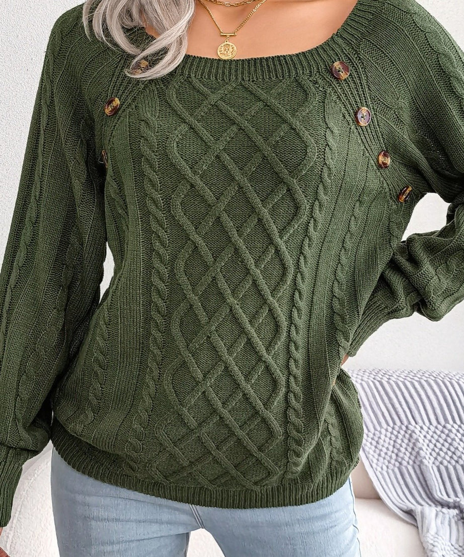 [Texture Lantern Sleeve Sweater] Round Neck Texture Lantern Sleeve Women's Sweater - Button Sweater