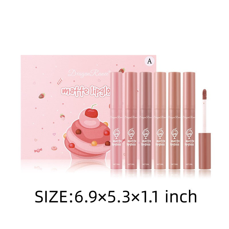 6 Pcs Long Lasting Waterproof Lip Glaze Lipstick 6 Sets Non Stick Cup Nude Skin Color Lip Gloss Cute Set Box