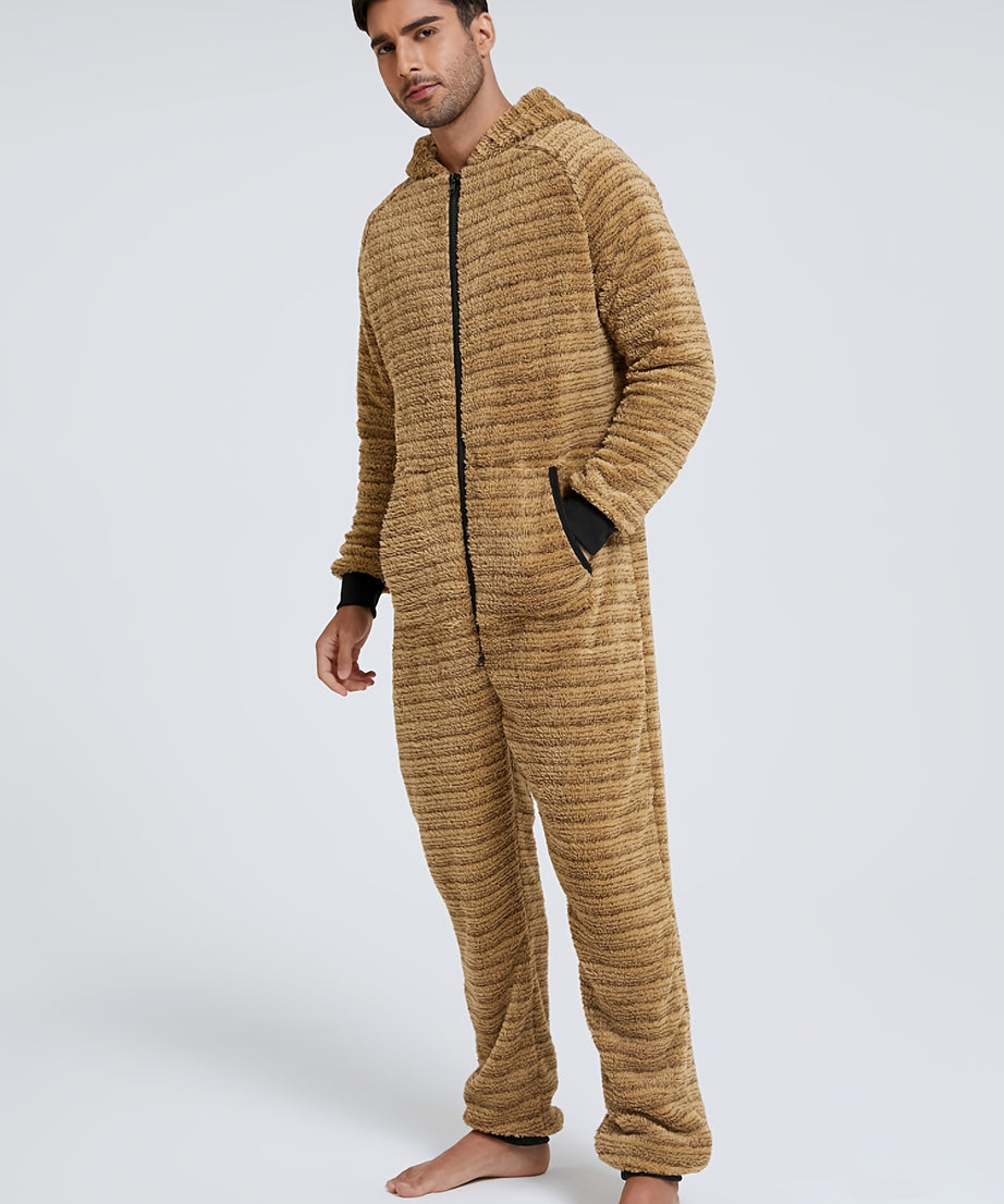 Men'S Heavy-Duty Full-Zip Hooded Onesie - Long Sleeve Winter Sleepwear, Thermal Insulated Lounge suit with Drawstring Hood, Loose Fit Onesie for Cold Weather, Christmas Costume & Everyday Indoor/Outdoor Use - Easy Zipper Clos