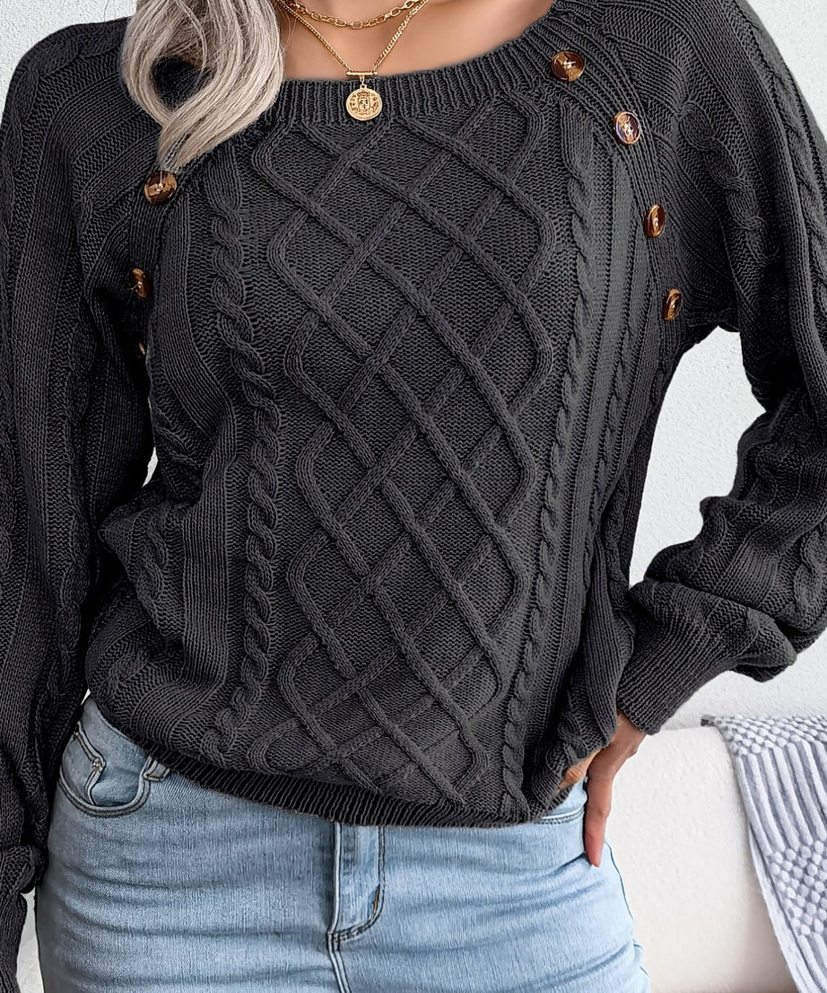 [Texture Lantern Sleeve Sweater] Round Neck Texture Lantern Sleeve Women's Sweater - Button Sweater