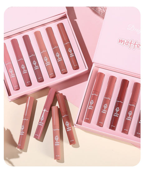 6 Pcs Long Lasting Waterproof Lip Glaze Lipstick 6 Sets Non Stick Cup Nude Skin Color Lip Gloss Cute Set Box