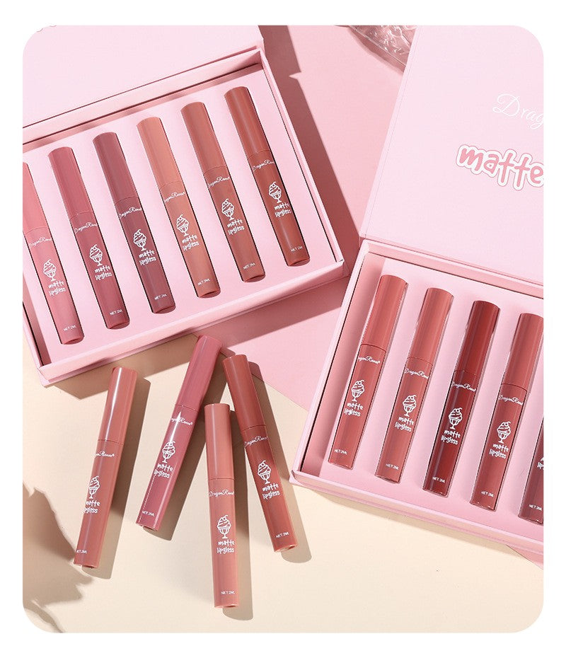 6 Pcs Long Lasting Waterproof Lip Glaze Lipstick 6 Sets Non Stick Cup Nude Skin Color Lip Gloss Cute Set Box