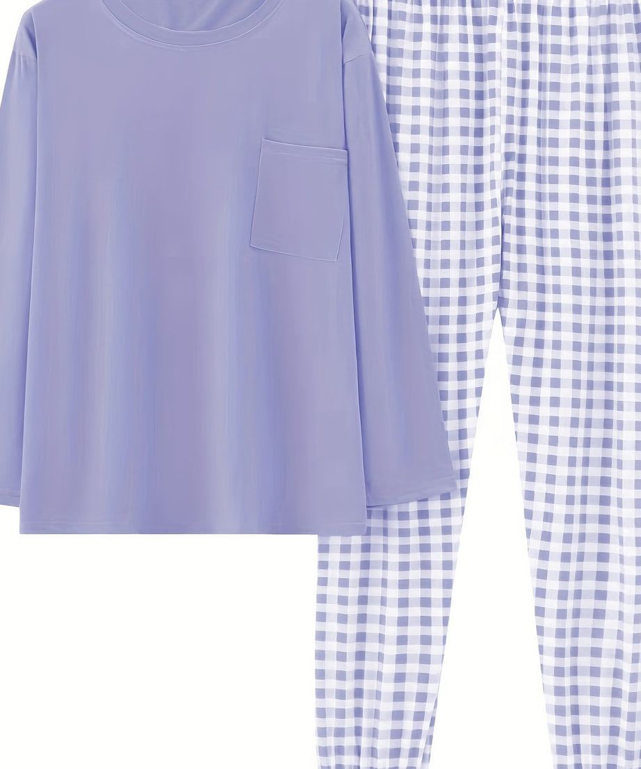 Women'S Plus Size Pink Plaid Pajama Set - Casual Long Sleeve and Pants Loungewear with Pockets, Stretchy Polyester Fabric, Perfect for Spring & Fall, Plus Size Loungewear | Checkered Pattern | Polyester Fabric, Loungewear Paj