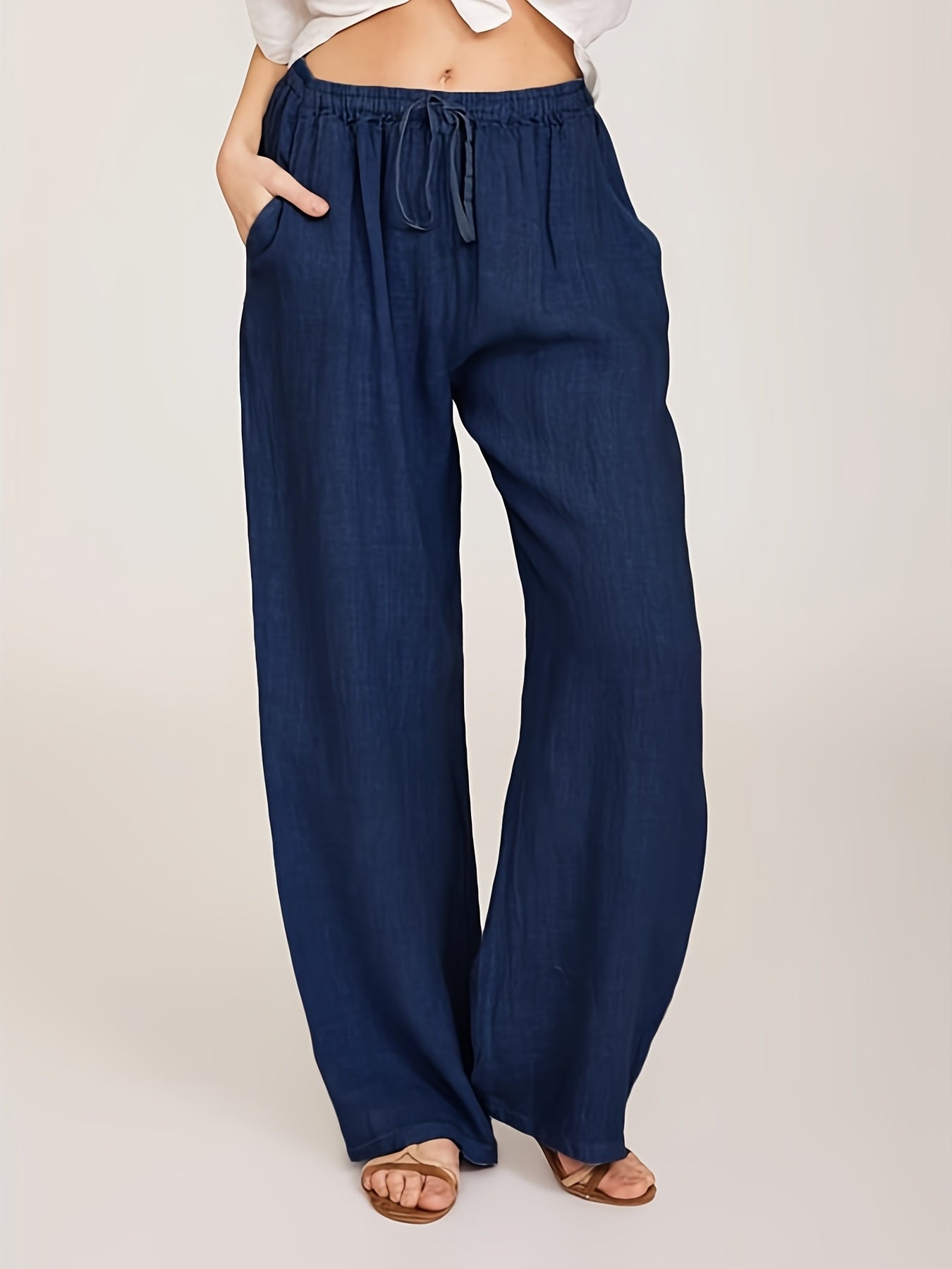 [Casual Pants] Casual Drawstring Wide Leg Pants | Solid Loose Palazzo Pants, Women's Clothing