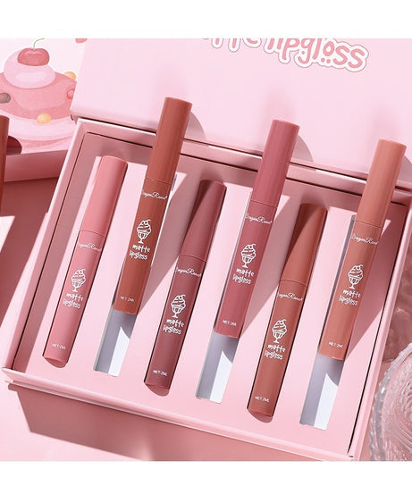 6 Pcs Long Lasting Waterproof Lip Glaze Lipstick 6 Sets Non Stick Cup Nude Skin Color Lip Gloss Cute Set Box