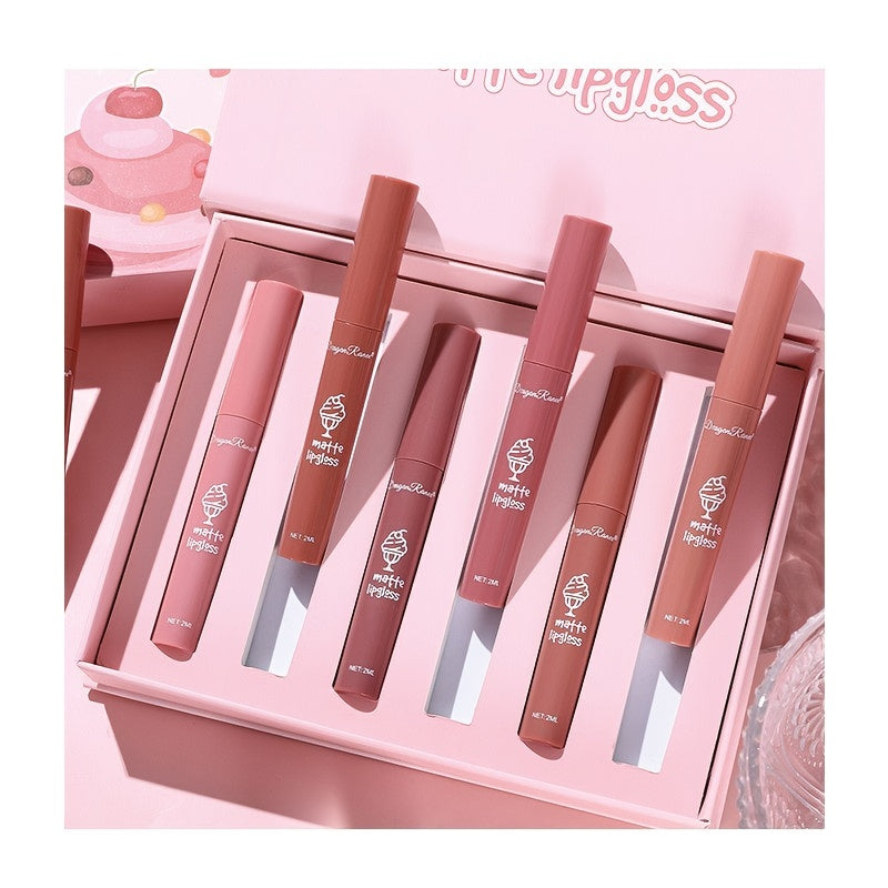 6 Pcs Long Lasting Waterproof Lip Glaze Lipstick 6 Sets Non Stick Cup Nude Skin Color Lip Gloss Cute Set Box