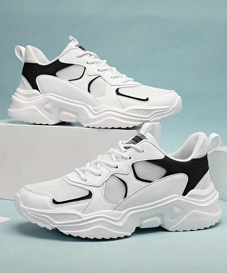 Men's Breathable Mesh Chunky Sneakers - White & Teal Casual Sneakers with EVA Sole, Lace-Up Design for All Seasons