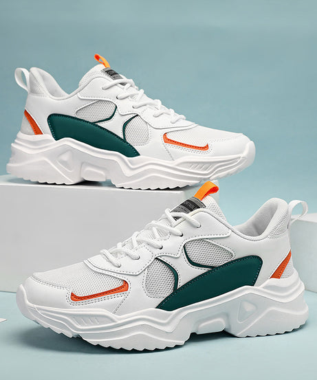 Men's Breathable Mesh Chunky Sneakers - White & Teal Casual Sneakers with EVA Sole, Lace-Up Design for All Seasons