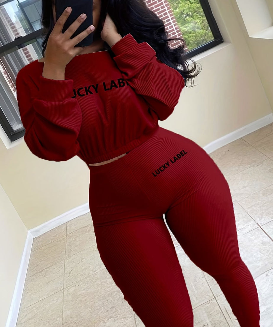 [Women's Sweatshirt Set] Letter Embroidery Women's Two Piece Ribbed s Fall Spring Long Sleeve Sweatshirt and Skinny Pants Set