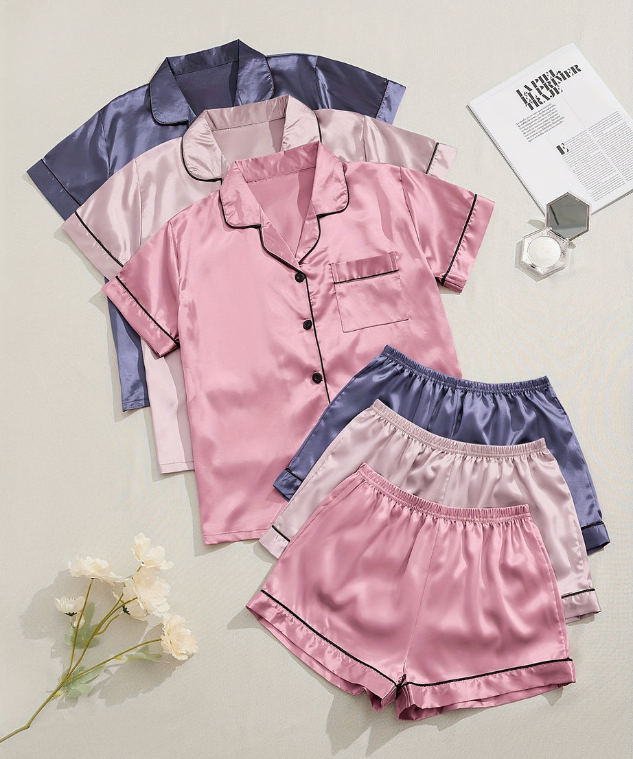3 Sets Satin Pajama Set, Short Sleeve Lapel Top & Elastic Waistband Shorts, Women's Sleepwear & Loungewear