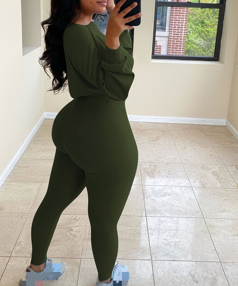 [Women's Sweatshirt Set] Letter Embroidery Women's Two Piece Ribbed s Fall Spring Long Sleeve Sweatshirt and Skinny Pants Set