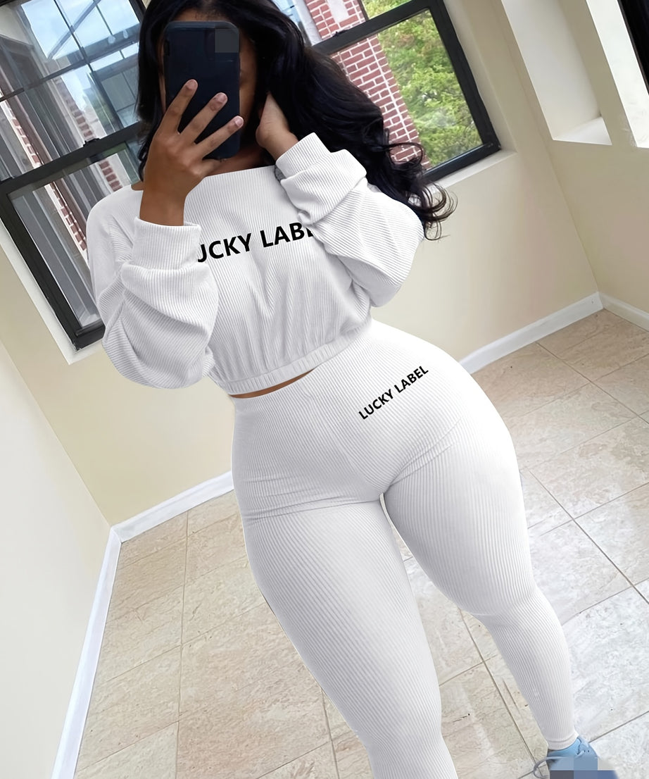 [Women's Sweatshirt Set] Letter Embroidery Women's Two Piece Ribbed s Fall Spring Long Sleeve Sweatshirt and Skinny Pants Set