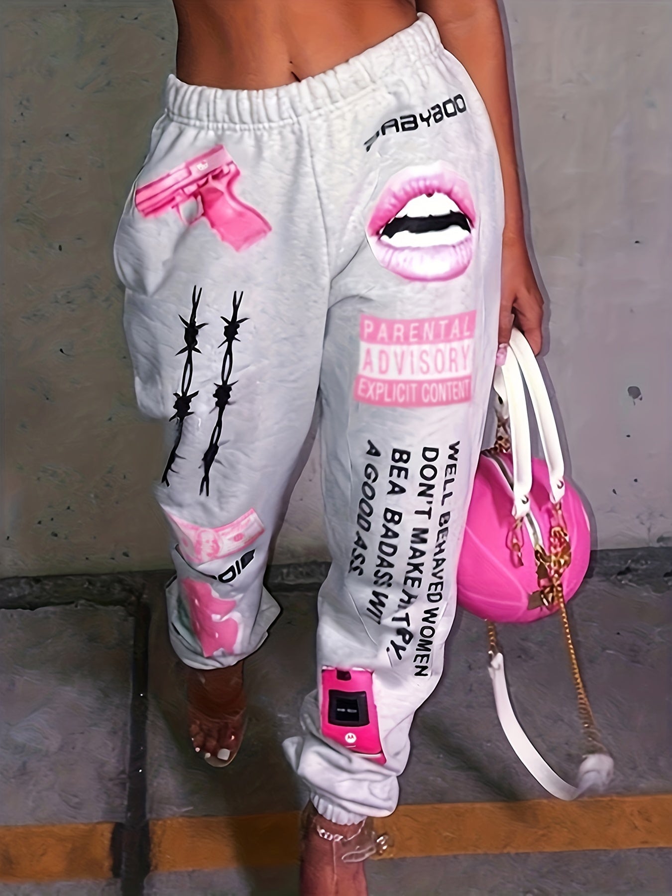 [Plus Size Sweater Pants] Plus Size Women's TB5553 Elastic Waist Sports Sweater Oversize Pants Bottom