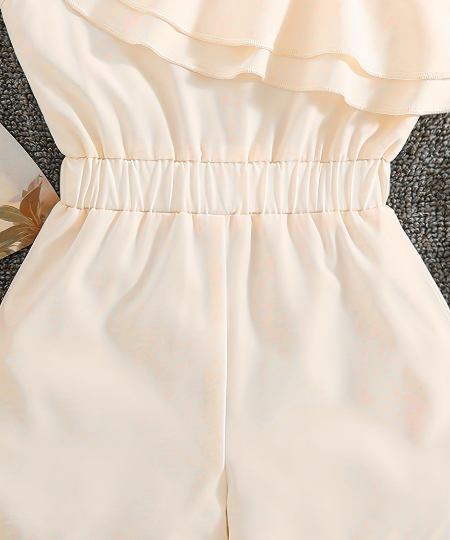 ' White Sleeveless A-Line Romper Jumpsuit - Summer Short Dress with Ruffle Trim &, Casual Playwear & Party Outfit, Easy-Care Hand Washable Short Sleeve Dress &, Perfect for Outdoor