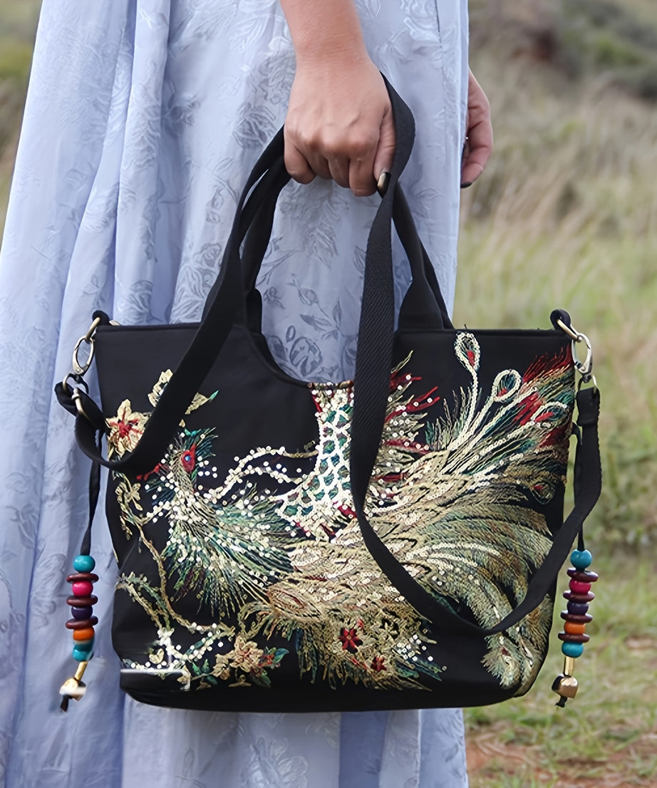 [Fashion Satchel] Retro Style Wo 'S Embroidered Satchel Bag | Fashion Double Handle Purse with Removable Strap