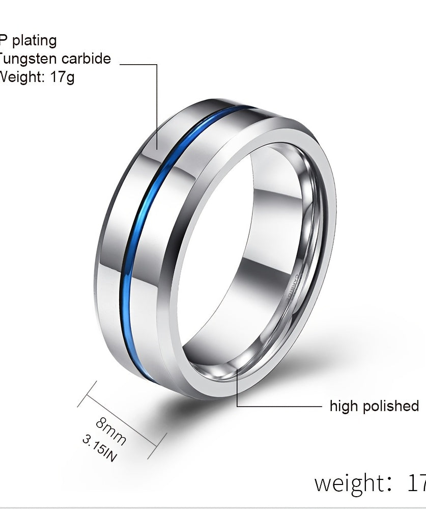 1pc 8mm Blue Tungsten Men's Ring - Heavy-Duty Carbide Ring, Blue, Durable Wedding, Anniversary Gift for Men, Casual Attire, Simple & Stylish Carbide