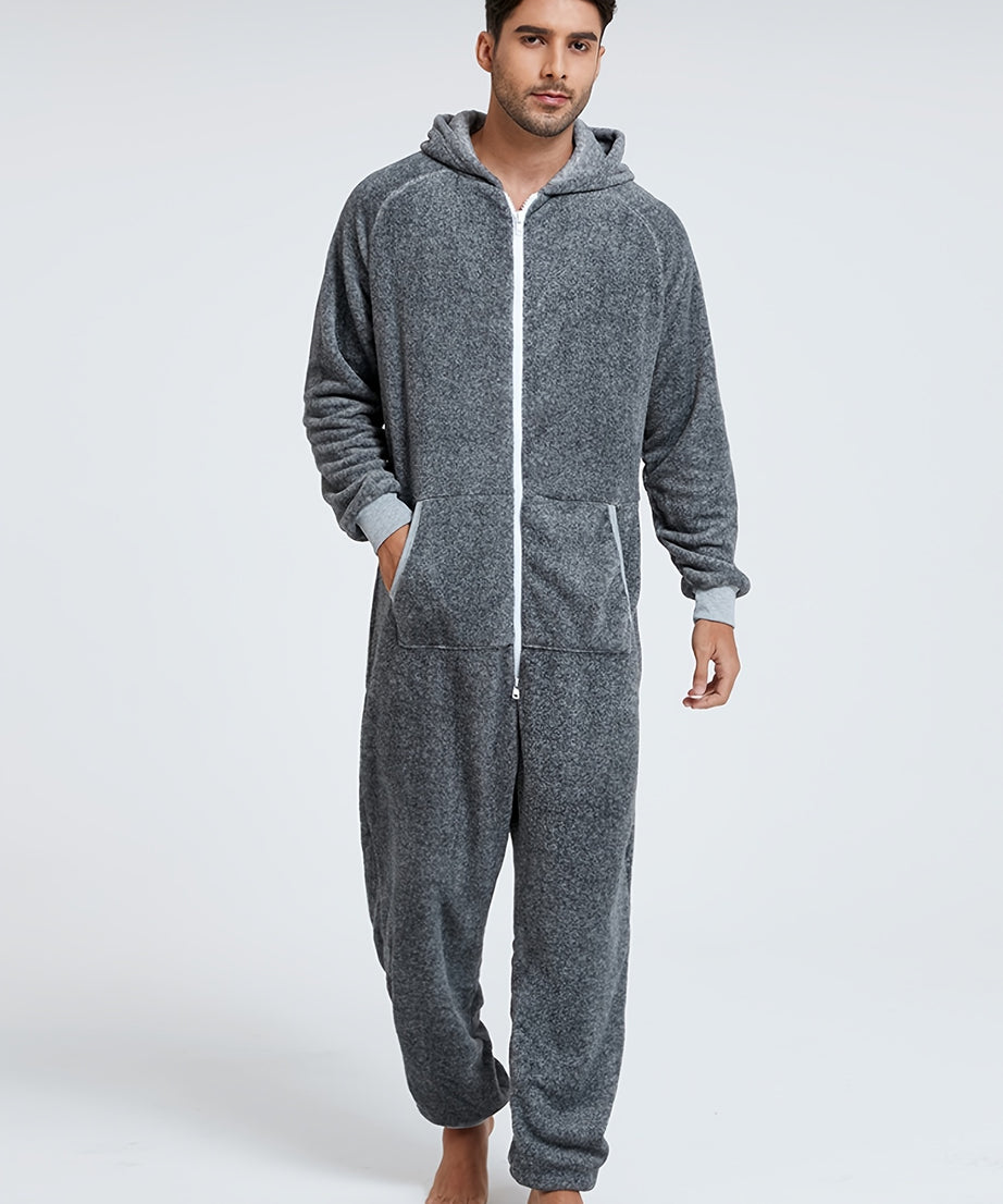 Men'S Heavy-Duty Full-Zip Hooded Onesie - Long Sleeve Winter Sleepwear, Thermal Insulated Lounge suit with Drawstring Hood, Loose Fit Onesie for Cold Weather, Christmas Costume & Everyday Indoor/Outdoor Use - Easy Zipper Clos