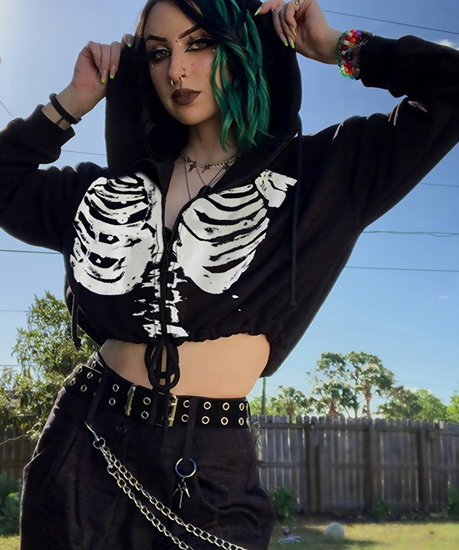 Women's Gothic Skull Print Casual Drawstring Short Hoodie Long Sleeve Top