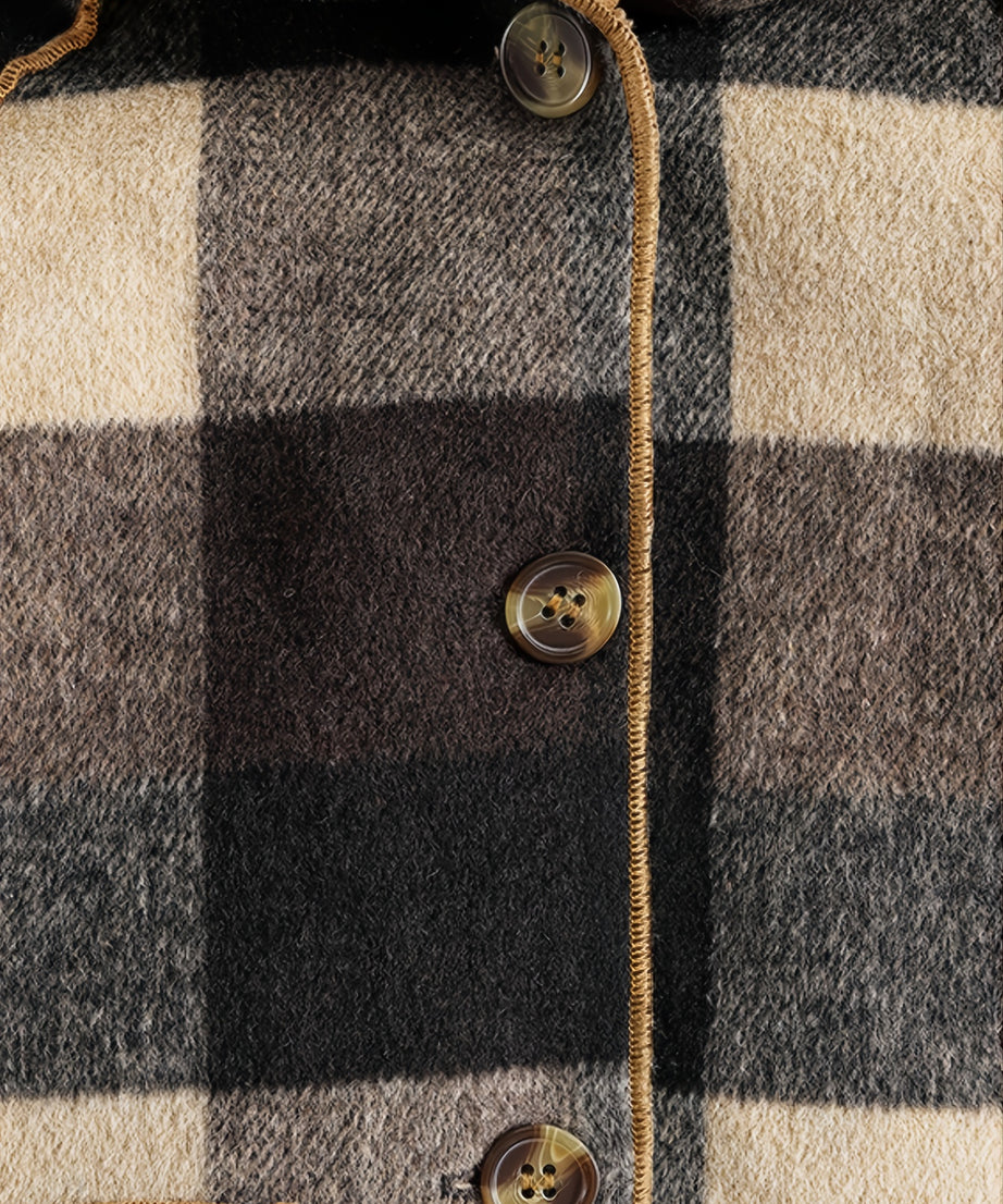 Boys' Long Sleeve Plaid Fleece-Lined Jacket with Button Front & Pockets - Cozy Fall/Winter Warmth, Casual Cardigan Collar, Brown/ Tartan Pattern, Machine Washable For Outdoor Play & Casual Attire, Winter Jacket For Boys, Fall