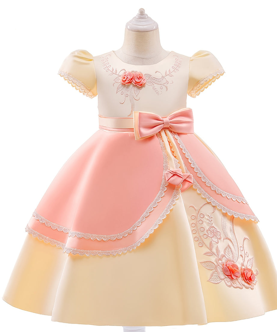 Girls Princess Dress Short Sleeve Embroidered Flower Bow Lace Dress Performance Dress Wedding Flower Girls For Evening Birthday Party Kids Clothes