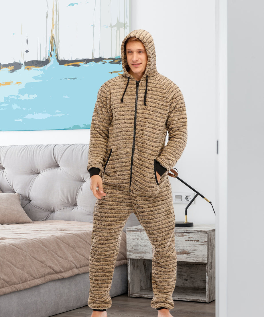 Men'S Heavy-Duty Full-Zip Hooded Onesie - Long Sleeve Winter Sleepwear, Thermal Insulated Lounge suit with Drawstring Hood, Loose Fit Onesie for Cold Weather, Christmas Costume & Everyday Indoor/Outdoor Use - Easy Zipper Clos