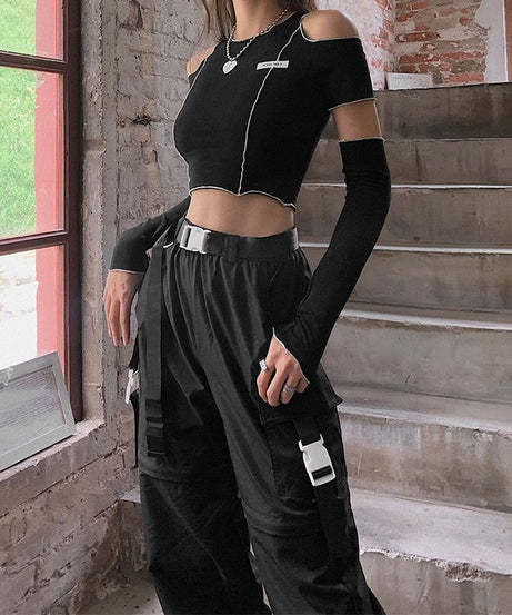 Off Shoulder Hollow Crew Neck T-shirt, Casual Loose Long Sleeve Fashion Summer Slim Bottoming T-Shirts Tops, Women's Clothing