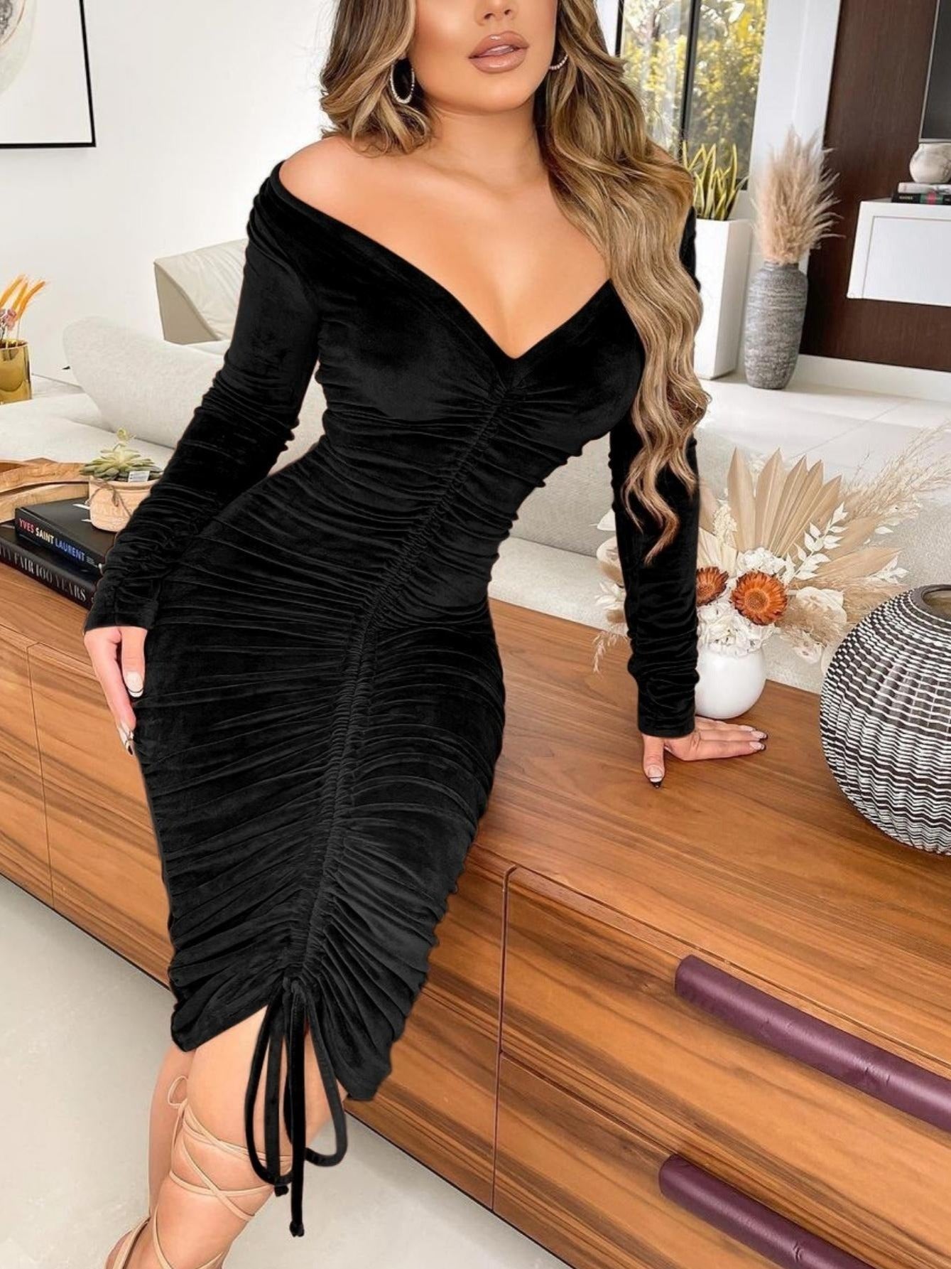 Women's Dresses V Neck Off The Shoulder Velvet Ruched Mid-length Dresses