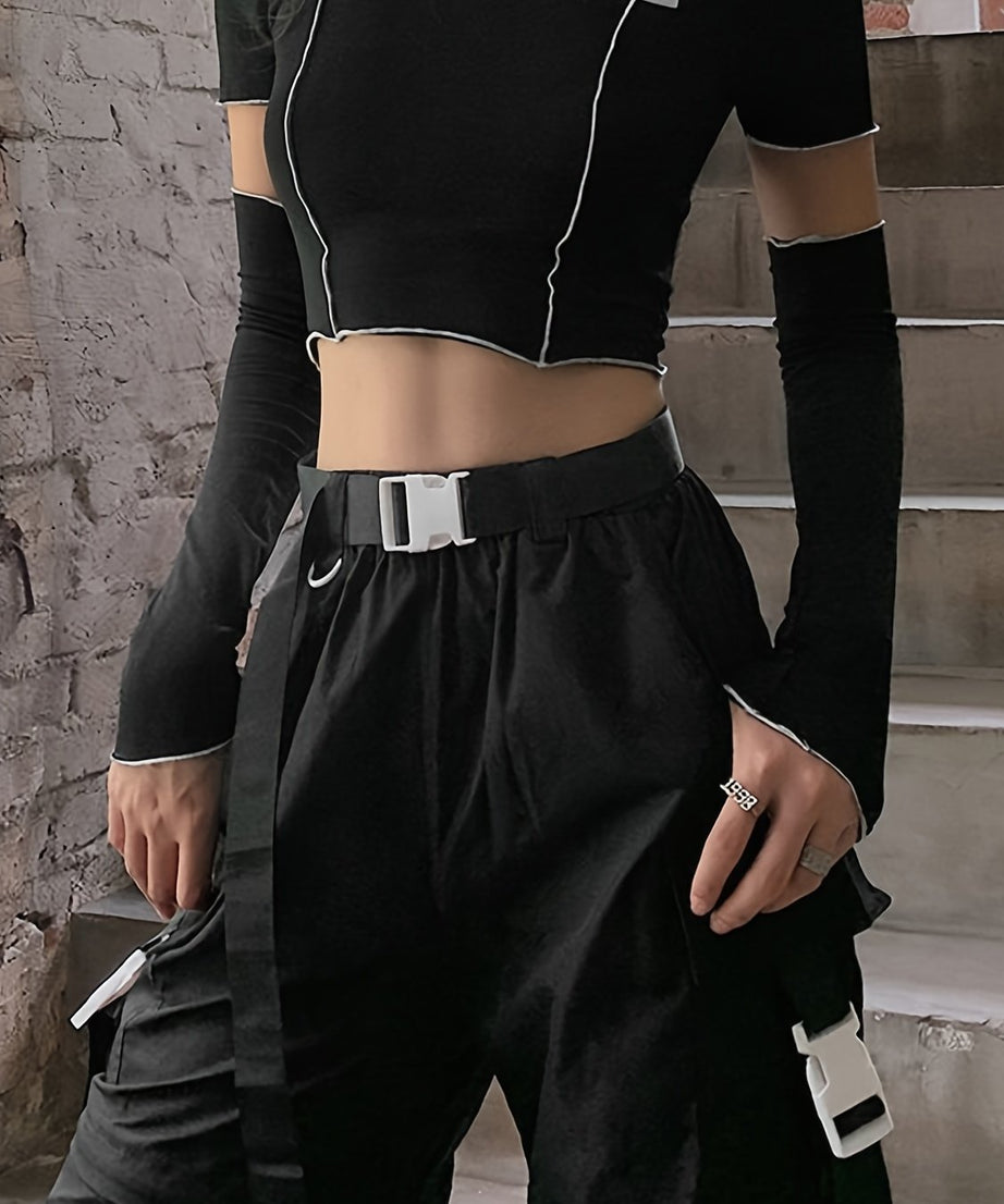 Off Shoulder Hollow Crew Neck T-shirt, Casual Loose Long Sleeve Fashion Summer Slim Bottoming T-Shirts Tops, Women's Clothing