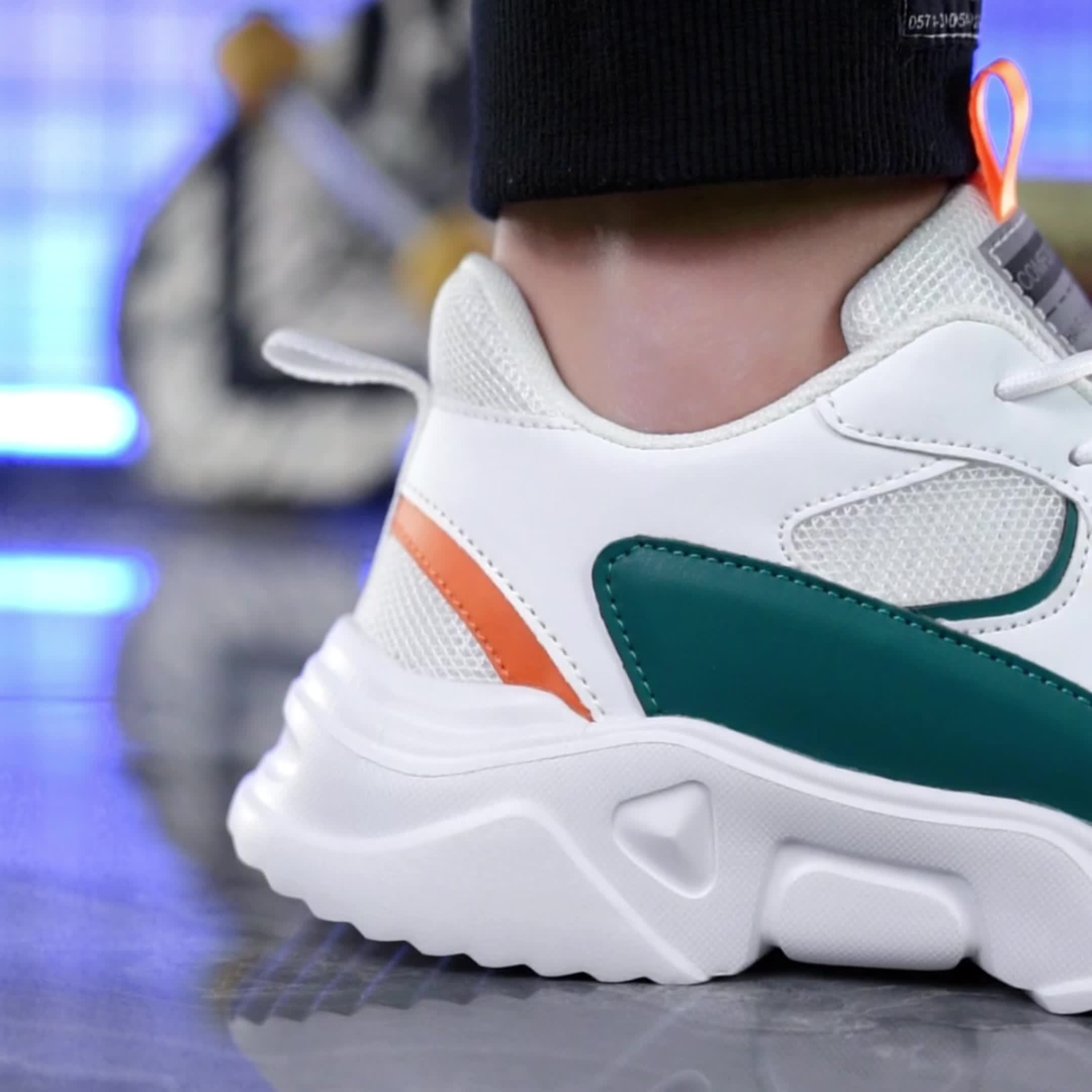 Men's Breathable Mesh Chunky Sneakers - White & Teal Casual Sneakers with EVA Sole, Lace-Up Design for All Seasons