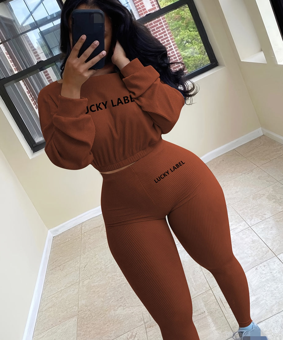 [Women's Sweatshirt Set] Letter Embroidery Women's Two Piece Ribbed s Fall Spring Long Sleeve Sweatshirt and Skinny Pants Set