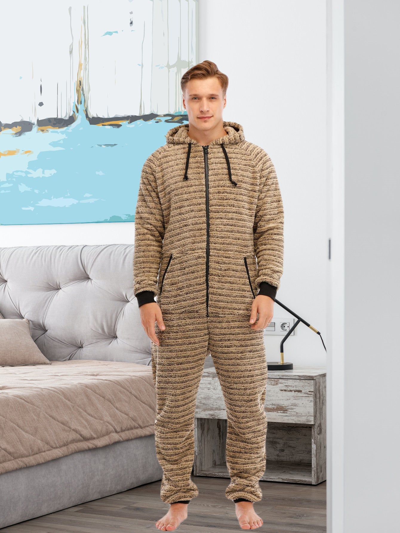 Men'S Heavy-Duty Full-Zip Hooded Onesie - Long Sleeve Winter Sleepwear, Thermal Insulated Lounge suit with Drawstring Hood, Loose Fit Onesie for Cold Weather, Christmas Costume & Everyday Indoor/Outdoor Use - Easy Zipper Clos