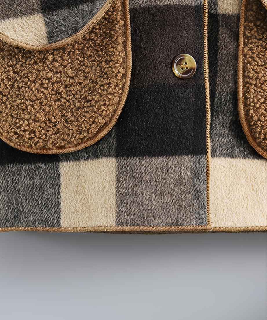 Boys' Long Sleeve Plaid Fleece-Lined Jacket with Button Front & Pockets - Cozy Fall/Winter Warmth, Casual Cardigan Collar, Brown/ Tartan Pattern, Machine Washable For Outdoor Play & Casual Attire, Winter Jacket For Boys, Fall