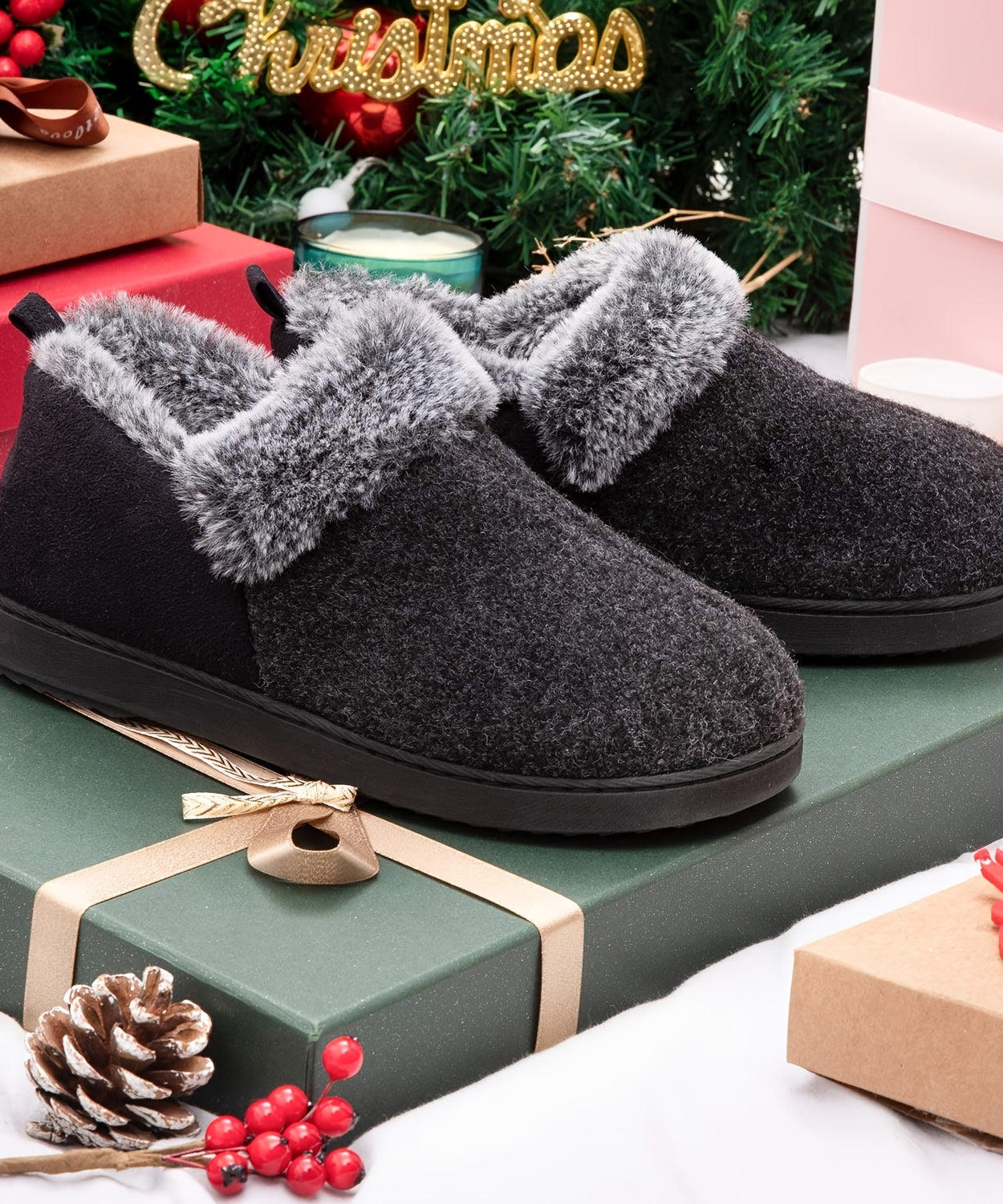 Women's Cozy Plush Household Shoes, Fuzzy Fleece Liner Package Heel Memory Foam Slip-on Shoes, Women's Footwear