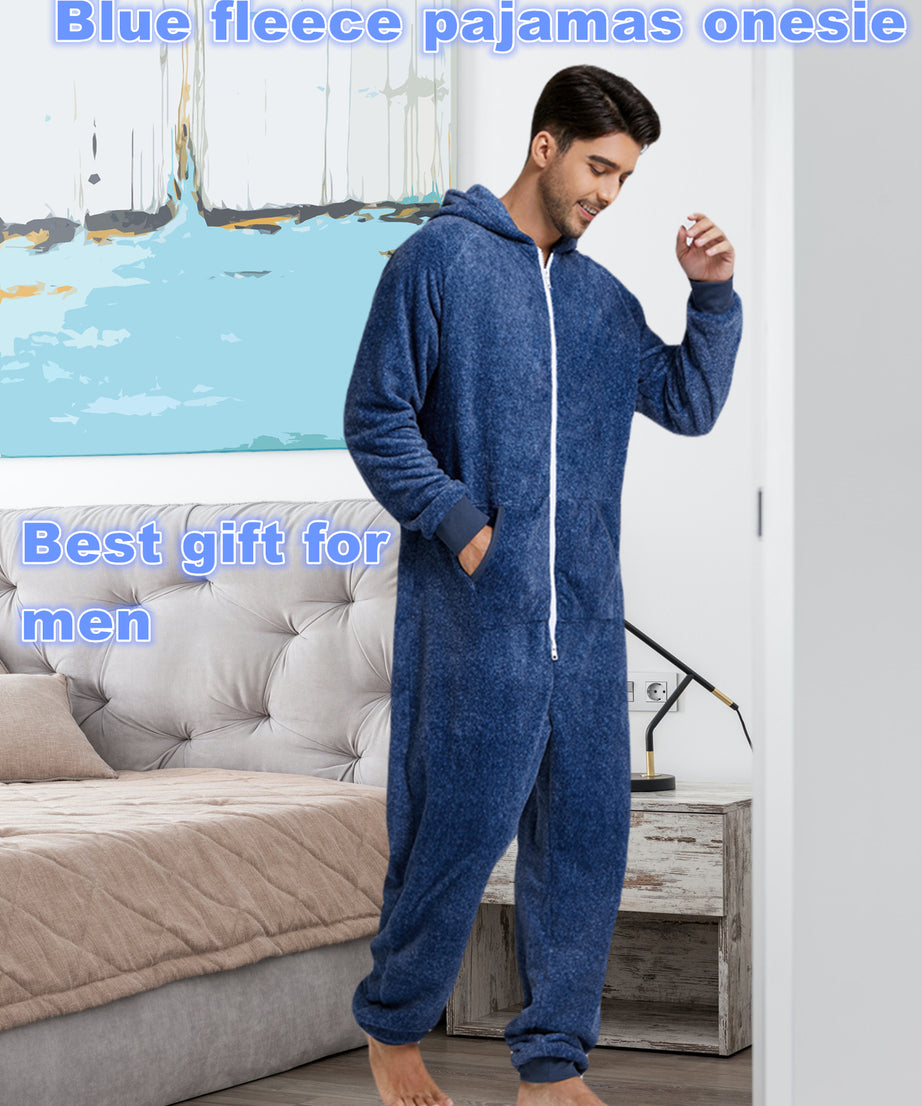 Men'S Heavy-Duty Full-Zip Hooded Onesie - Long Sleeve Winter Sleepwear, Thermal Insulated Lounge suit with Drawstring Hood, Loose Fit Onesie for Cold Weather, Christmas Costume & Everyday Indoor/Outdoor Use - Easy Zipper Clos