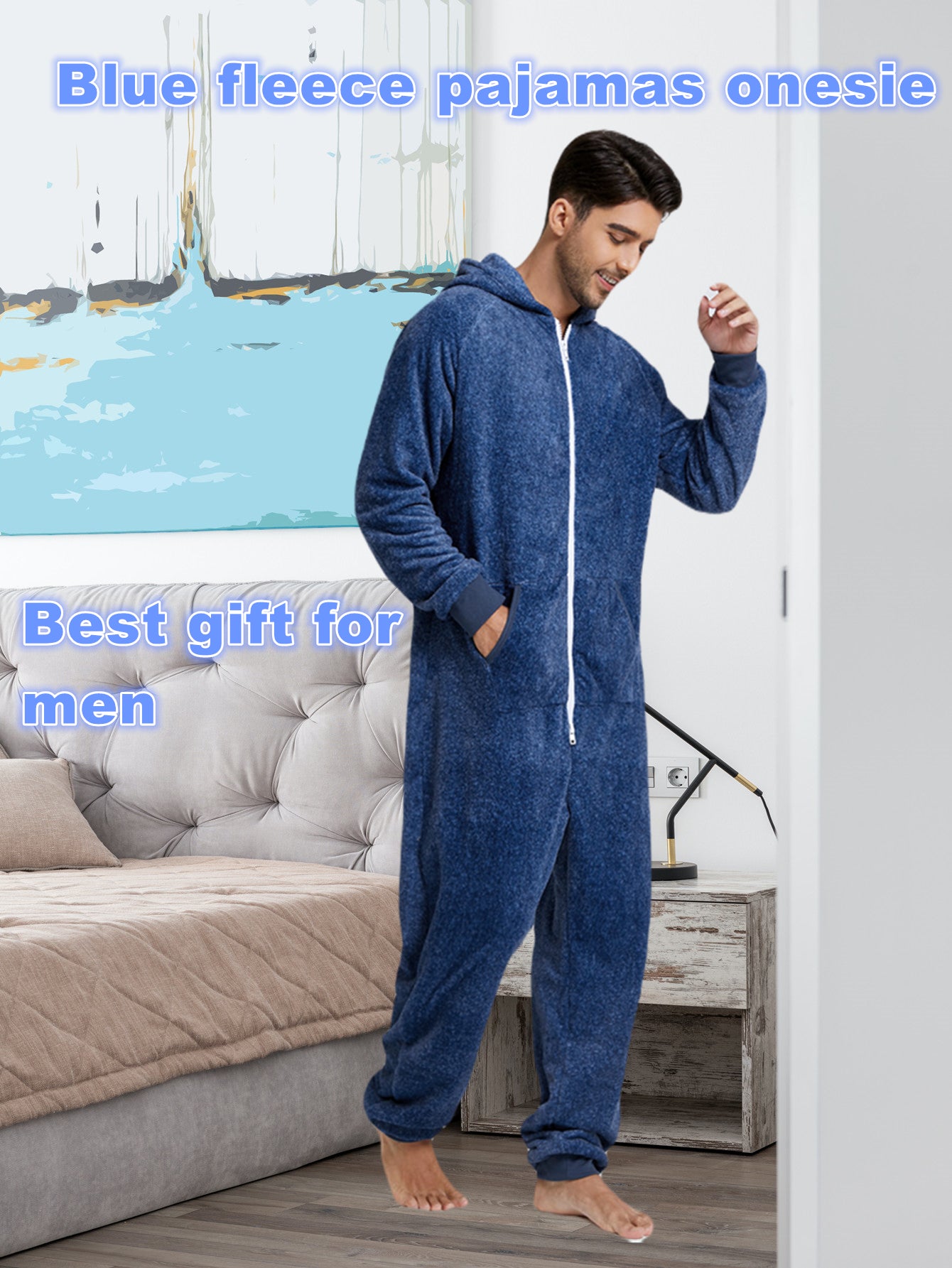 Men'S Heavy-Duty Full-Zip Hooded Onesie - Long Sleeve Winter Sleepwear, Thermal Insulated Lounge suit with Drawstring Hood, Loose Fit Onesie for Cold Weather, Christmas Costume & Everyday Indoor/Outdoor Use - Easy Zipper Clos