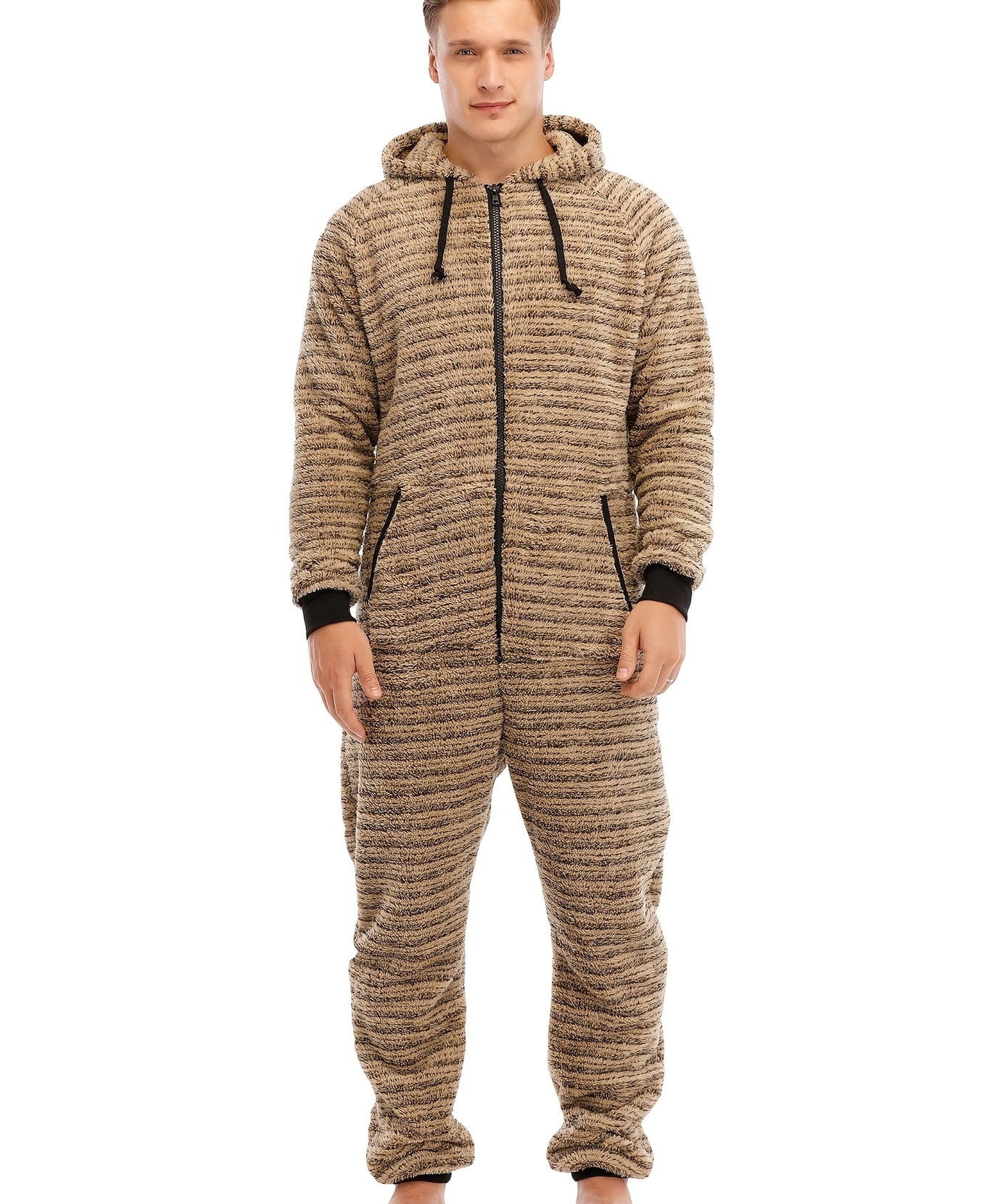 Men'S Heavy-Duty Full-Zip Hooded Onesie - Long Sleeve Winter Sleepwear, Thermal Insulated Lounge suit with Drawstring Hood, Loose Fit Onesie for Cold Weather, Christmas Costume & Everyday Indoor/Outdoor Use - Easy Zipper Clos