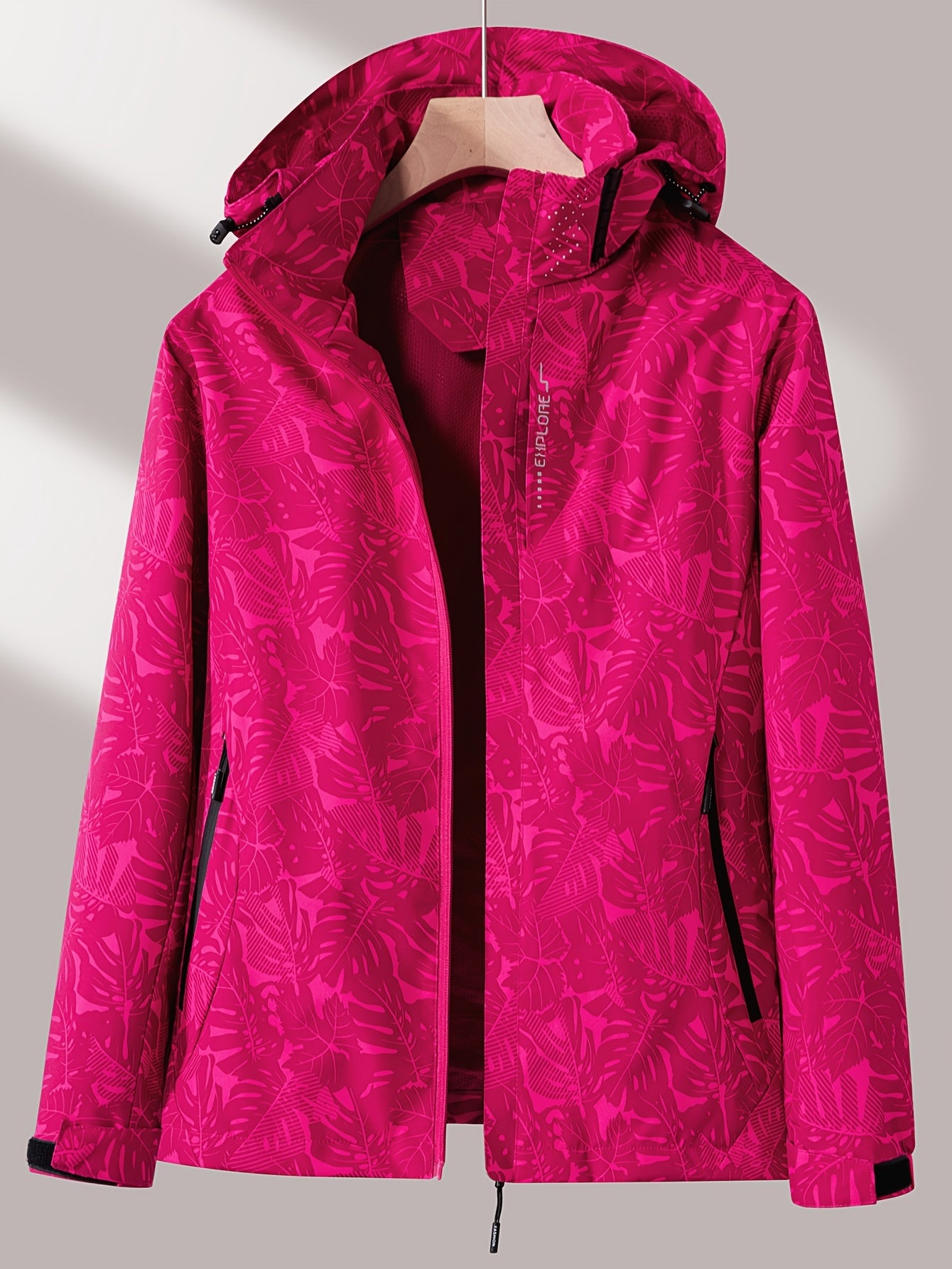 Women'S Windproof Jacket with Full-Zip Front - Lightweight Outdoor Coat, Stand Collar, Non-Stretch Fabric for Hiking, Camping, Travel - Bright Pink Windproof Shell (Spring/Fall/Summer) - Easy-Care Design, Hiking Gear, Camping