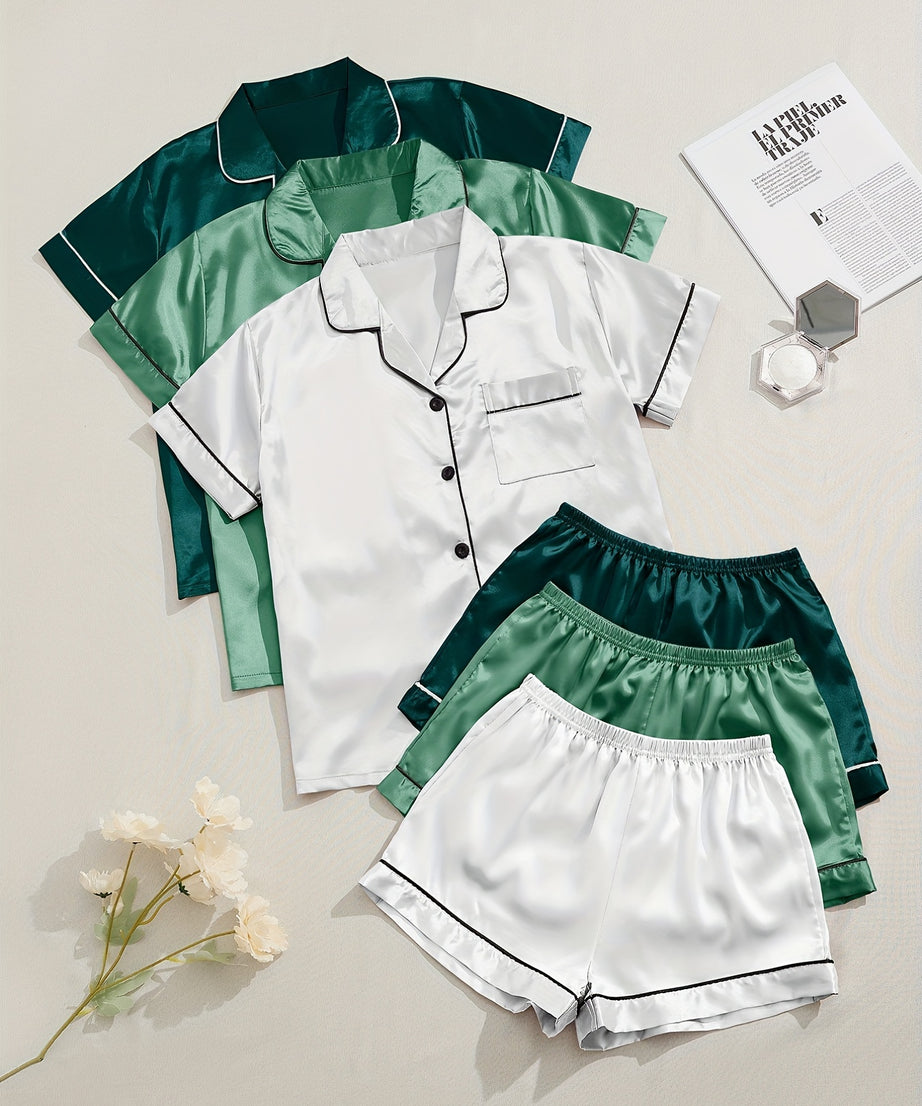 3 Sets Satin Pajama Set, Short Sleeve Lapel Top & Elastic Waistband Shorts, Women's Sleepwear & Loungewear