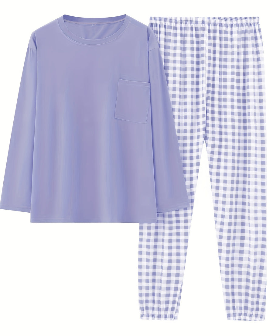 Women'S Plus Size Pink Plaid Pajama Set - Casual Long Sleeve and Pants Loungewear with Pockets, Stretchy Polyester Fabric, Perfect for Spring & Fall, Plus Size Loungewear | Checkered Pattern | Polyester Fabric, Loungewear Paj