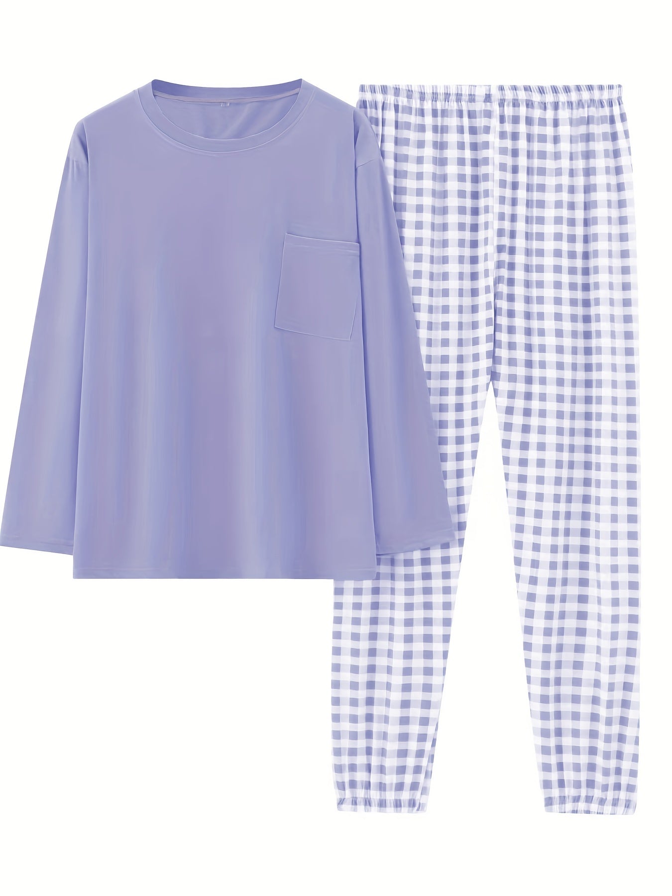 Women'S Plus Size Pink Plaid Pajama Set - Casual Long Sleeve and Pants Loungewear with Pockets, Stretchy Polyester Fabric, Perfect for Spring & Fall, Plus Size Loungewear | Checkered Pattern | Polyester Fabric, Loungewear Paj